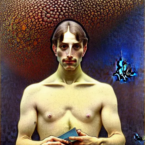 Image similar to realistic extremely detailed portrait painting of. an average. man with his. briefcase .in his. left hand . by Jean Delville, Amano, Yves Tanguy, Alphonse Mucha, Ernst Haeckel, Edward Robert Hughes, Roger Dean, pale muted pastel moody colors, gold eyes