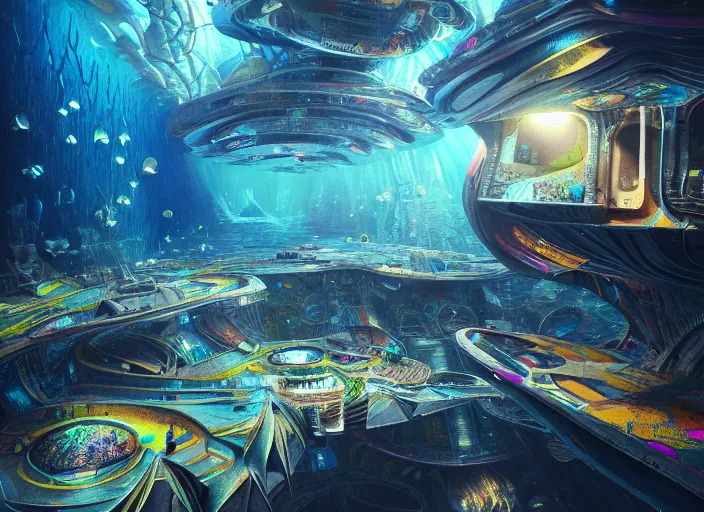 Prompt: favela spaceship cathedral, underwater environment, scenery, professional, award - winning, trending on artstation, hyper detailed, realistic, beautiful, emotional, shiny, colorful, picture