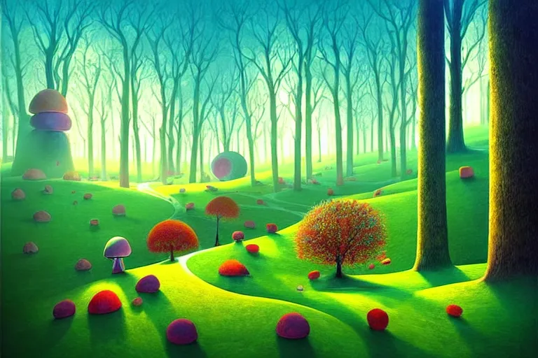 Image similar to surreal glimpse into other universe, inside a marshmallow forest in an ice cream valley, summer morning, very coherent and colorful high contrast, art by!!!! gediminas pranckevicius!!!! dark shadows, hard lighting