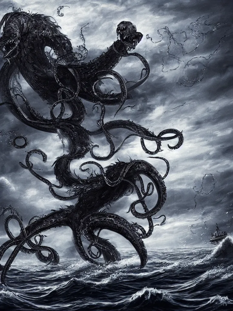 Image similar to digital art of a kraken attacking a ship on the surface of the ocean, detailed, dark, ominous