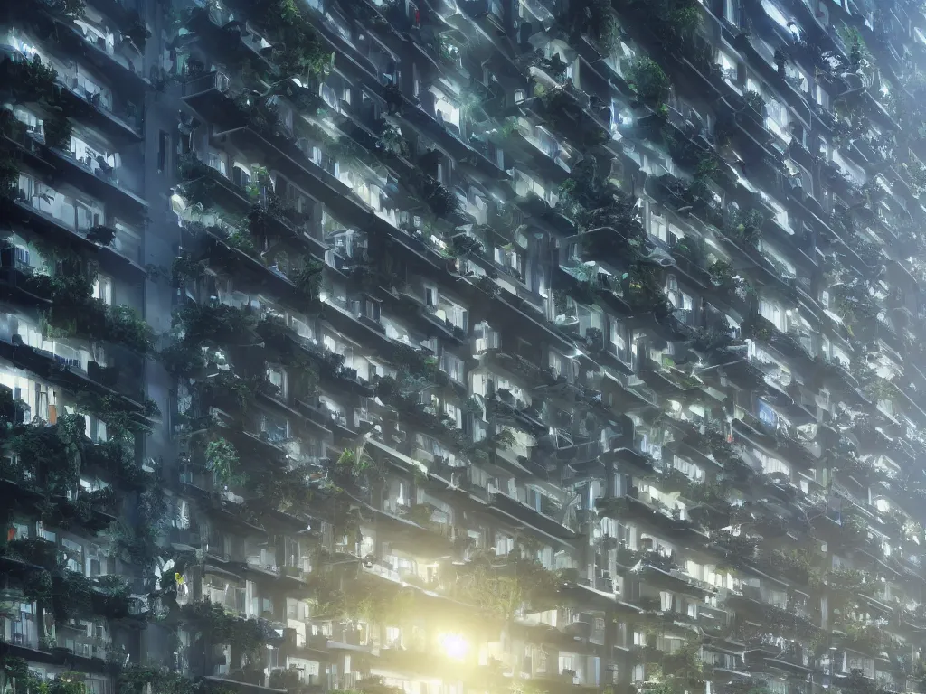 Image similar to futuristic vertical farm growing food in a cyberpunk high rise, 3 point perspective, atmospheric, morning light, foggy, ultra - hd, ultra - realistic