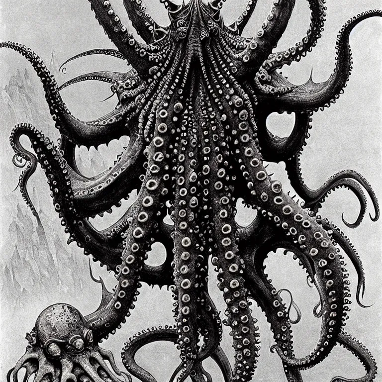 Prompt: A spiked detailed semihuman-octopus with armored joints stands in a large castle with a pebble in hands and toes. Wearing massive shoulderplates. Extremely high details, realistic, fantasy art, solo, masterpiece, ripped flesh, art by Zdzisław Beksiński, Arthur Rackham, Dariusz Zawadzki, Harry Clarke