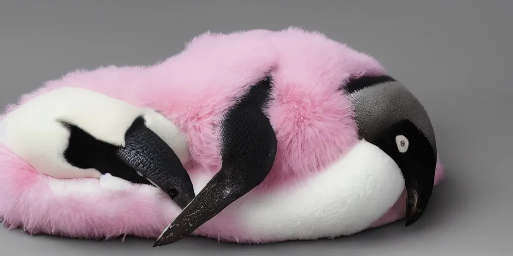 Prompt: realistic penguin sleeping in a pink fluffy bed