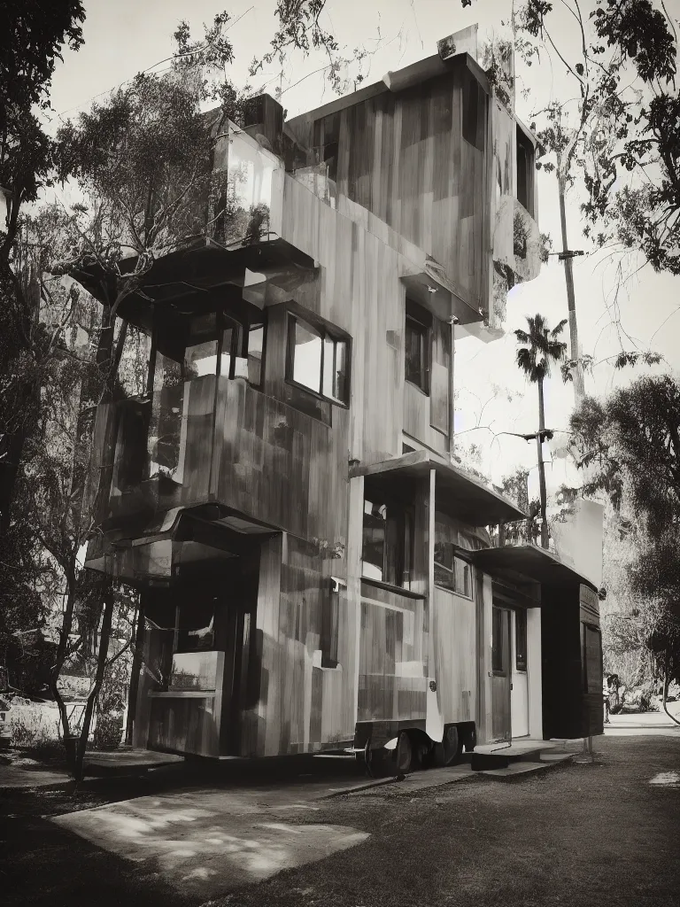 Image similar to “A perfectly centered beautiful black and white 24mm photo of mid-century retro-futuristic tiny house in Los Angeles”