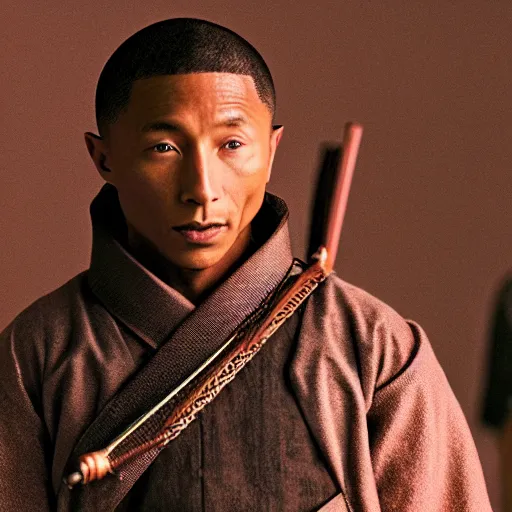 Image similar to cinematic film still Pharrell Williams starring as a Samurai holding fire, Japanese CGI, VFX, 2003, 40mm lens, shallow depth of field,film photography