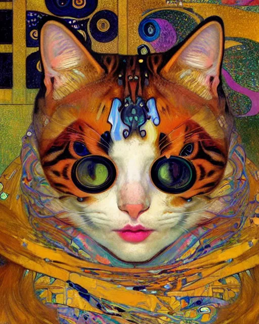 Prompt: burglar cat portrait an oil painting splashes with many colors and shapes by gustav klimt greg rutkowski and alphonse mucha, polycount, generative art, psychedelic, fractalism, glitch art