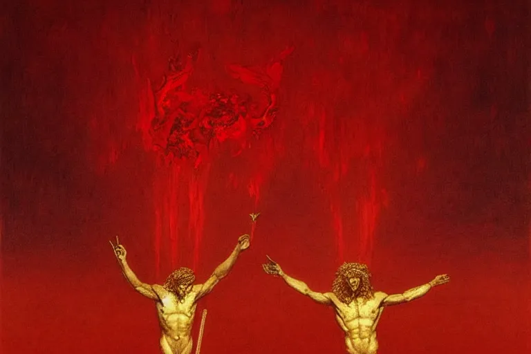 Image similar to only with red, a red melted apollo with a laurel wreath and a flaming sword announce the win, atene in the background, in the style of beksinski, part by hopper, part by rodcenko, part by hofbauer, intricate composition, red by caravaggio, insanely quality, highly detailed, masterpiece, red light, artstation