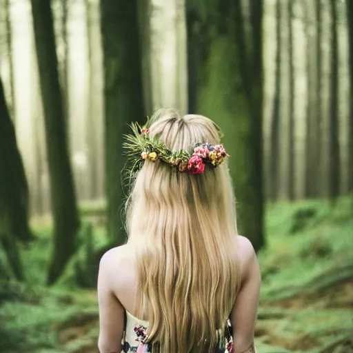 Image similar to kodak portra 4 0 0 photograph of a gorgeous blonde young woman standing in a dark forest, back view, flower crown, moody lighting, telephoto, 9 0 s vibe, intricate back tattoos, blurry background, vaporwave colors, faded!,