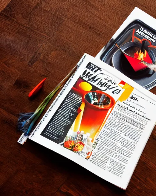 Prompt: a full view of table and magazine with picture of firey toilet, magazine, zoomed out, zoomed out, zoomed out