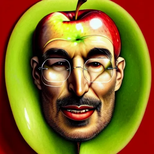 Image similar to a pile of apples, apples, apples arranged in the shape of a face resembling steve jobs, apples, fantasy, intricate, elegant, highly detailed, lifelike, photorealistic, digital painting, artstation, illustration, smooth, sharp focus, art by giuseppe arcimboldo