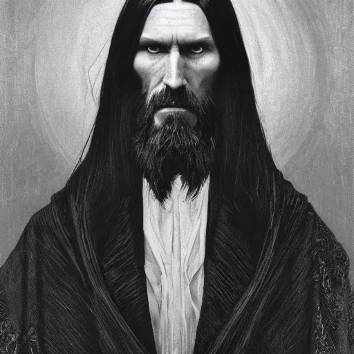 Prompt: portrait of Grigori Rasputin as a vampire, 35mm, depth of field, DOF, ominous, sharp, highly detailed, photorealistic, realistic, unreal 5, high, definition, 8k, artstation, donato giancola, irwin penn, Alphonse Mucha