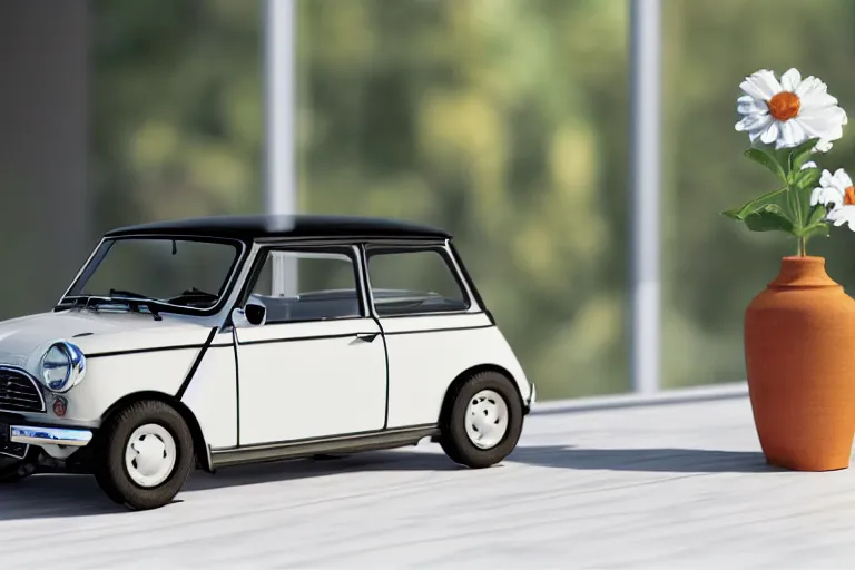 Image similar to a small miniature of a Mini Cooper S 1963 on a white table near a vase with a plant near a window at sunset, 3d render, unreal engine 5, octane render, 4k, low contrast, ray tracing, serene landscape, calm, relaxing, beautiful landscape, highly detailed, high quality, product photo, hyperrealistic, concept art, symmetrical, centered, godrays