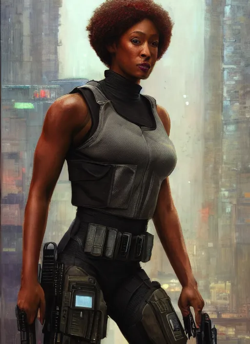 Image similar to misty knight. cyberpunk police trooper in a military vest ( blade runner 2 0 4 9, cyberpunk 2 0 7 7 ). orientalist portrait by john william waterhouse and james gurney and theodore ralli and nasreddine dinet, oil on canvas. cinematic, hyper realism, realistic proportions, dramatic lighting, high detail 4 k