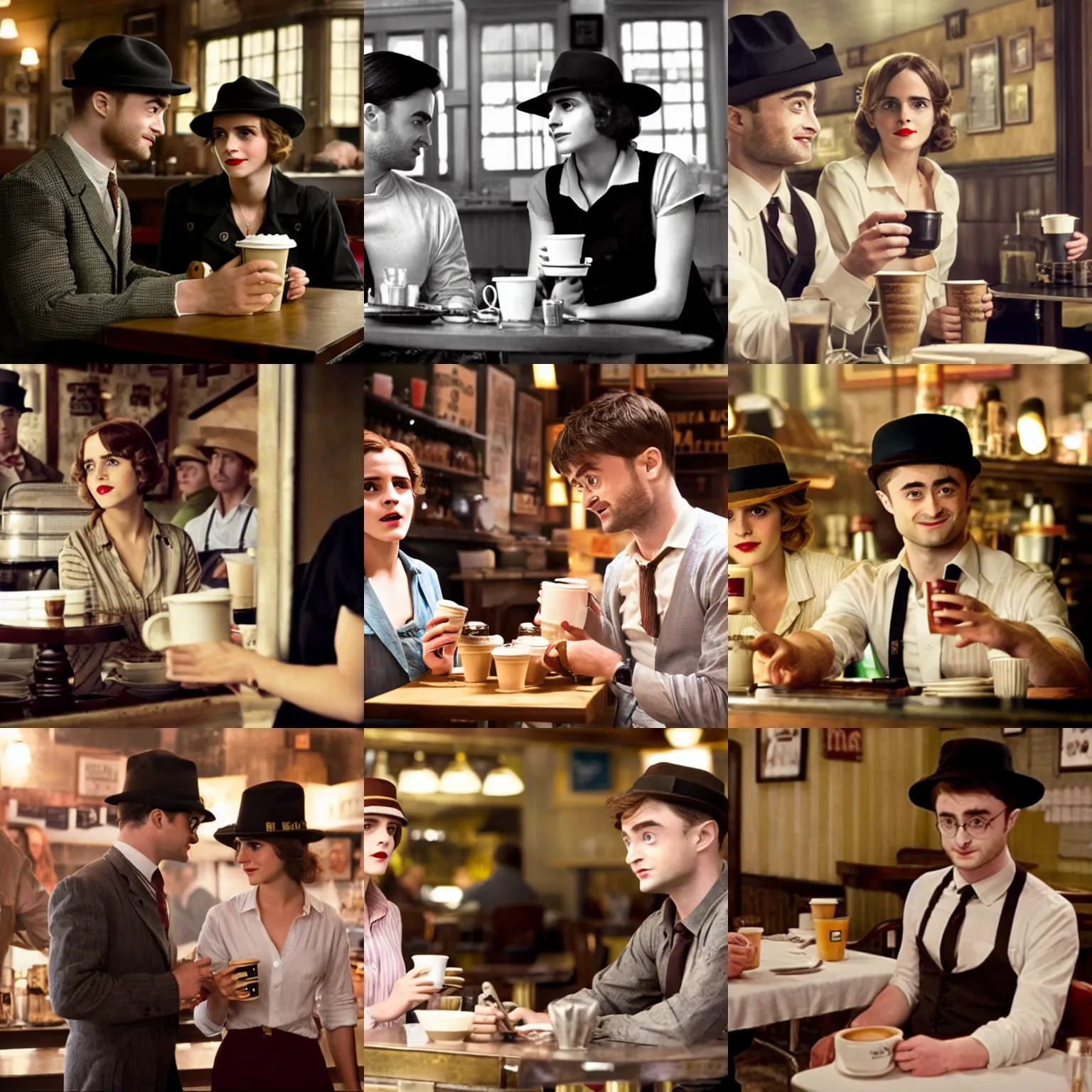 Prompt: daniel radcliffe as visitor in hat and shirt drink coffee, emma watson as waitress on background, screen short from mafia 2, cinematic, 1 9 3 0 style, diner caffee