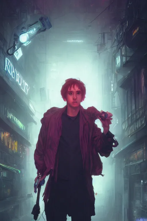 Image similar to portrait of Ron Wisly from harry potter in cyberpunk, neon lighting, night city, digital art from artstation by Ruan Jia and Mandy Jurgens and Artgerm and william-adolphe bouguereau and Greg Rutkowski and Wayne Barlowe