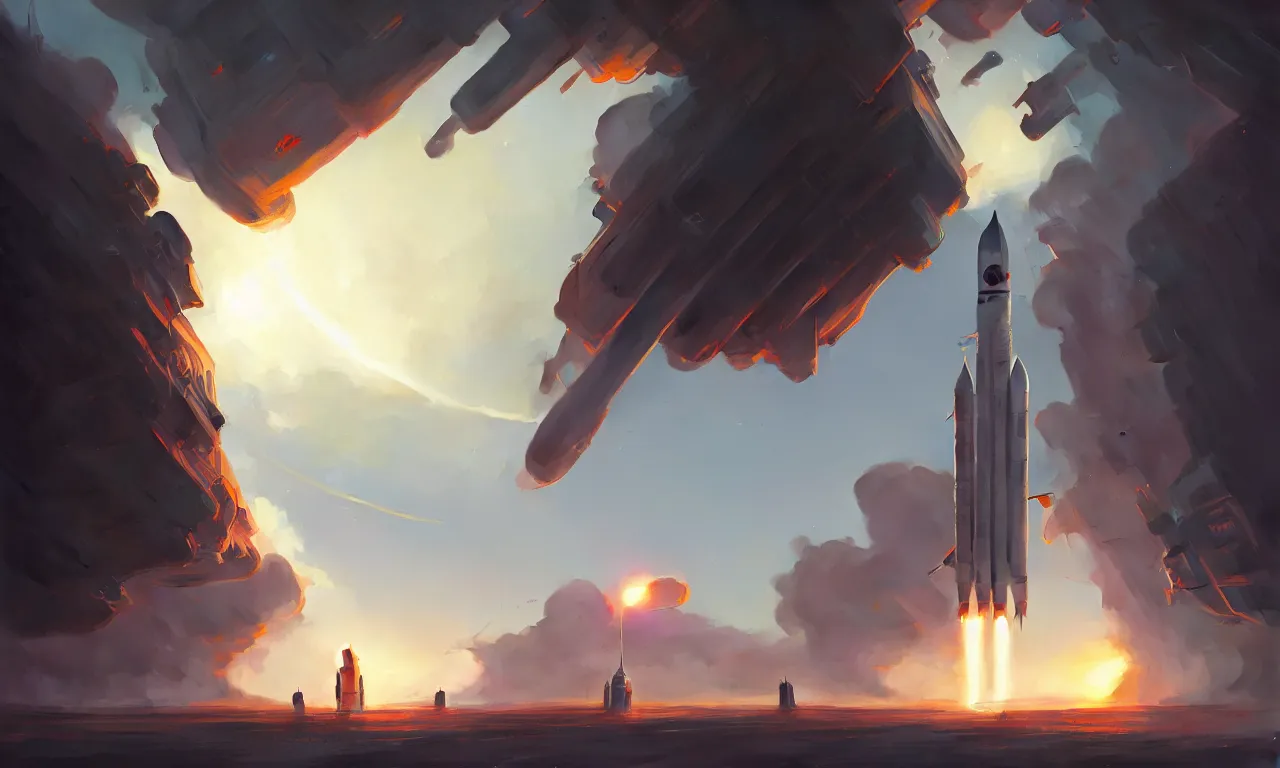 Image similar to Rocket lunch, rocket on the launch pad, concept art, low angle, high detail, warm lighting, volumetric, godrays, vivid, beautiful, trending on artstation, by Jordan grimmer, art greg rutkowski