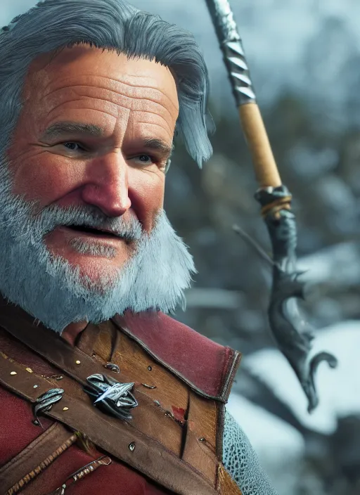 Image similar to Robin Williams in The Witcher 3, gameplay, 8k, HD