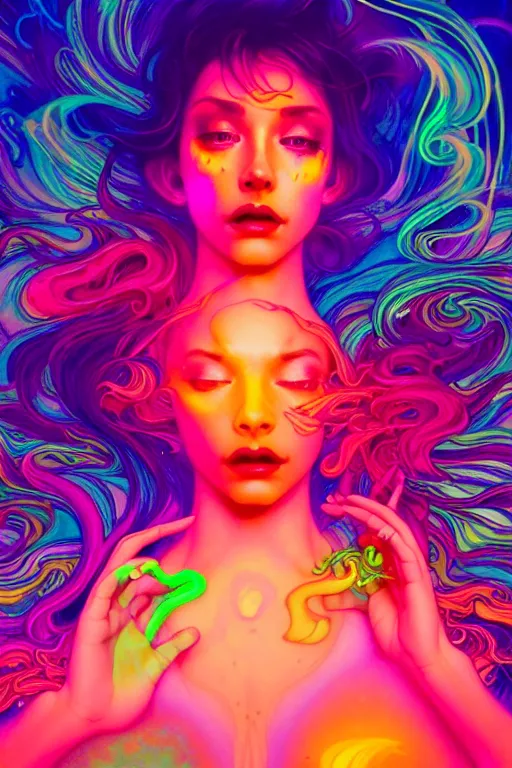 Prompt: a beautiful woman engulfed in colorful liquid smoke and neon clouds, a colorful psychedelic experience, dmt, lsd, highly detailed, artstation, concept art, smooth, sharp focus, illustration, digital art by hana yata, and artem demura and beeple, alphonse mucha, chromostereopsis, octane render, unreal engine, 8 k