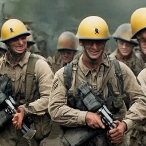 Image similar to movie still from saving private ryan replaced with minions