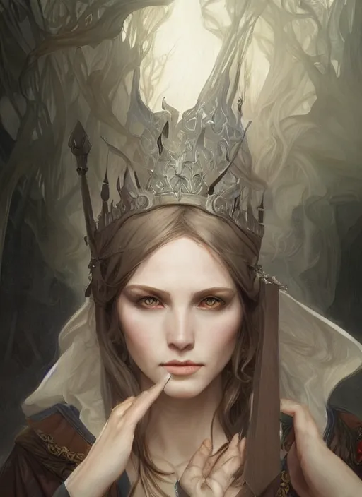 Image similar to female wizard, pale, fantasy, D&D, portrait, highly detailed, digital painting, artstation, concept art, sharp focus, illustration, art by artgerm and greg rutkowski and alphonse mucha