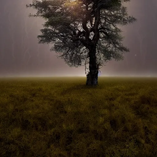 Image similar to spectacular, fabulous tree standing in a thickly vegetated, sombre forest, dreamlike light incidence, sunraise, ultrarealistic, eerie, onimous