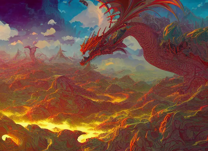 Image similar to psychedelic concept art of a dragon landscape made of thousands of dragons, cel shaded, in the style of makoto shinkai and moebius and peter mohrbacher and anton fadeev