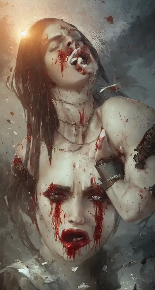 Image similar to arabian princess crying blood in War scene ,digital art,ultra realistic,ultra detailed, ultra wide Lens, art by greg rutkowski