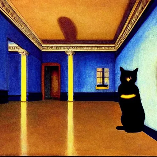 Image similar to a black winged cat in a blue and gold haunted liminal abandoned room, film still by edward hopper, by gottfried helnwein, by klimt, art noveau, highly detailed, strong lights, liminal, eerie, bright pastel colors,