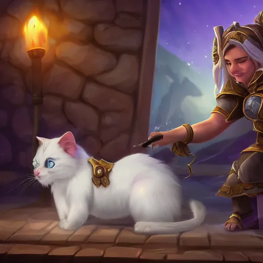 Image similar to jaina proudmoore pets a white kitty, world of warcraft, digital art, dmitry prozorov style, artstation, cute, happy, extremely detailed, volumetric lighting, ultra quality, 8 k