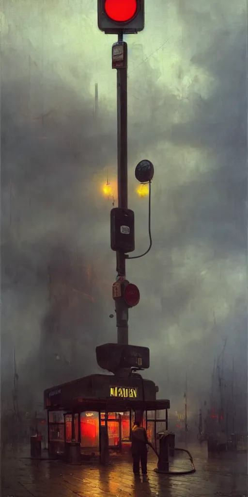 Image similar to a gas station in 1 9 4 0 with yellow and red light in the middle of the night, a men stand up next to the pump, mystical blue fog, oil on canvas, art by andreas achenbach, clemens ascher, tom bagshaw and sabbas apterus,