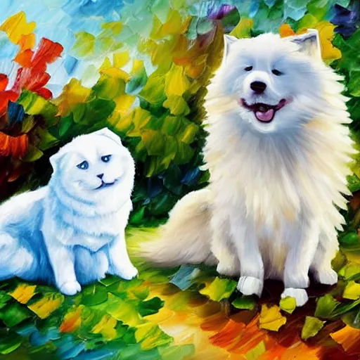 Image similar to a samoyed dog sitting next to a grey scottish fold cat in the middle of sunny meadow, by leonid afremov