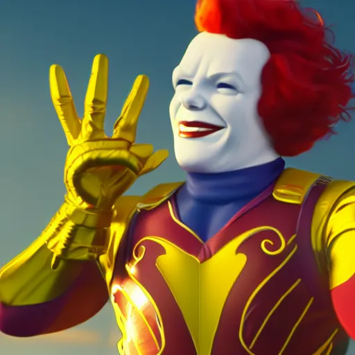 Image similar to ronald mcdonald with the infinity gauntlet dynamic pose 4 k deviantart fanart cinematic shot