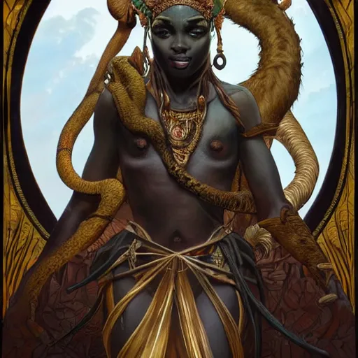 Image similar to an african deity king of the jungle, kemetic, D&D, fantasy, intricate, elegant, highly detailed, digital painting, artstation, concept art, matte, sharp focus, illustration, art by Artgerm and Greg Rutkowski and Alphonse Mucha