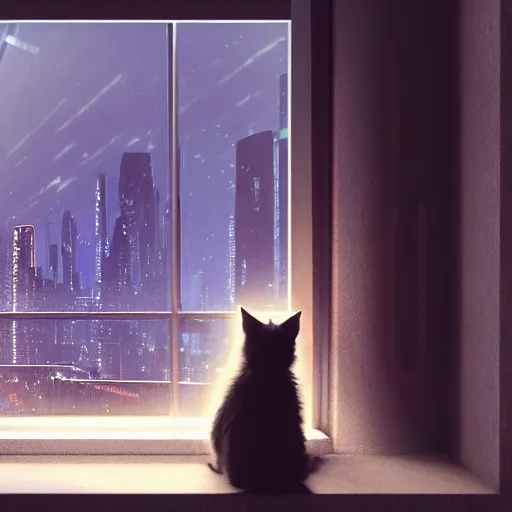 Image similar to Big european shorthair cat and small fluffy kitten, napes, in the apartment room looking to window in a cyberpunk city, soft god rays from city lights outside the window, unreal engine 5, soft neon atmosphere, photorealistic, soothing colors, somber melancholic matte painting, hyperrealism, hyperrealistic, cinematic masterpiece, cyberpunk style 8k ultrahd octane render