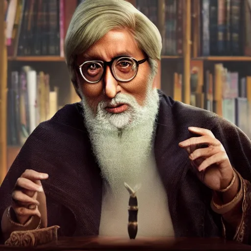 Image similar to amitabh bachhan as dumbledore, portrait, 4 k, realistic, cinematic, volumetric lighting