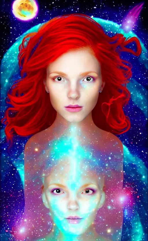 Image similar to space astral portrait of a beautiful girl, red hair, ginger hair, fantasy, glowing skin, smooth face, perfect eyes, half body shot, tarot card