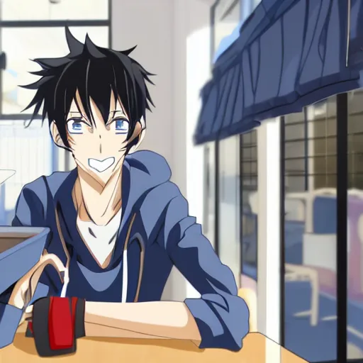 Prompt: a tall anime boy with black hair, blue eyes and piercings working at a café smiling in anime style with sunlight shinig through the windows as he's cleaning dishes, very detailed
