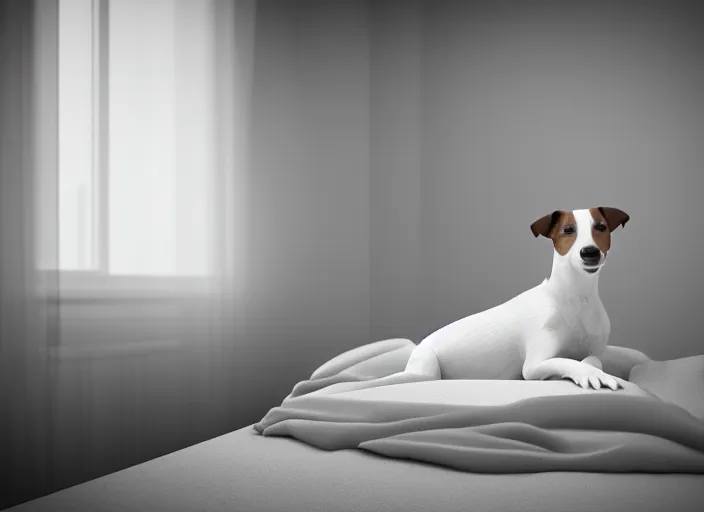 Image similar to photography of a Jack Russel . watching outside the window. on a bed .in a 3d rendered white room. octane render, 3d, foggy, volumetric light, volumetric fog, photorealistic, unreal engine 5, award winning photo, 100mm, sharp, cloth, high res