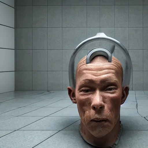 Image similar to photograph of a man with a urinal head begging for food, 8k resolution, high detail, ULTRA REALISTIC VFX, reflections