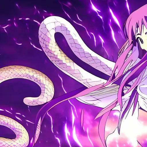 Prompt: snakes of purple lightning striking at the darkness, anime,