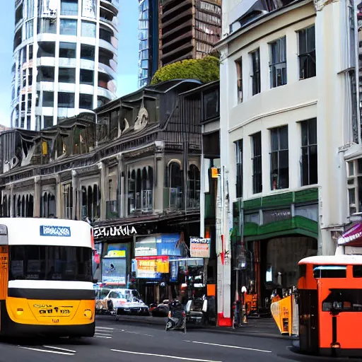 Prompt: auckland city queen street, kiwiana