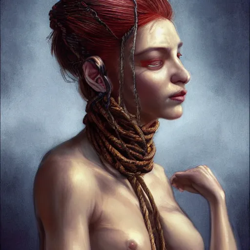 Image similar to portrait of a Shibari rope wrapped face and neck, headshot, insanely nice professional hair style, dramatic hair color, digital painting, of a old 13th century, traveler, amber jewels, baroque, ornate clothing, scifi, realistic, hyperdetailed, chiaroscuro, concept art, art by Franz Hals and Jon Foster and Ayami Kojima and Amano and Karol Bak,