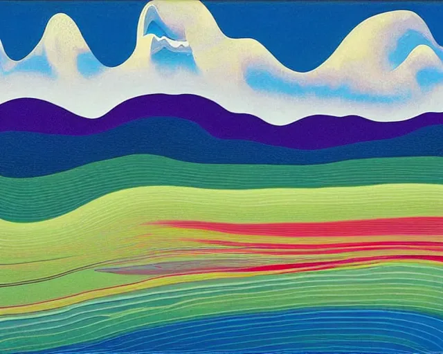 Image similar to A wild, insane, modernist landscape painting. Wild energy patterns rippling in all directions. Curves, organic, zig-zags. Saturated color. Mountains. Clouds. Rushing water. Waves. Sci-fi dream world. Wayne Thiebaud. Lisa Yuskavage landscape.