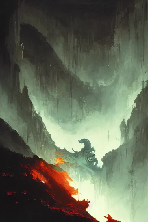 Image similar to looking up at a balrog in a vast cavern, intricate, elegant, highly detailed, john park, frazetta, sparth, ruan jia, jeffrey catherine jones