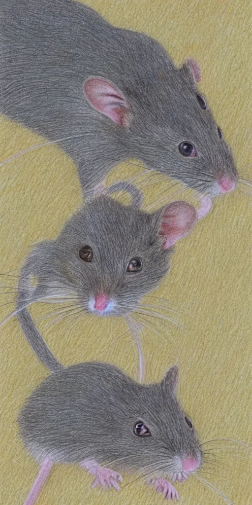 Image similar to She loved the squeak of the mice, who could now crawl out of their holes anywhere in the house to meet in the home kitchen for an evening feast, colored pencil drawing - W 1024