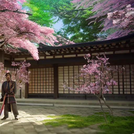 Image similar to hyperrealistic painting of a highly detailed photorealistical samurai, standing in front of traditional Japanese hut, cherry blossom trees outside, Feng Shui Style, cinematic concept art, art station, award winning art, 8k, octane render, unreal engine 5