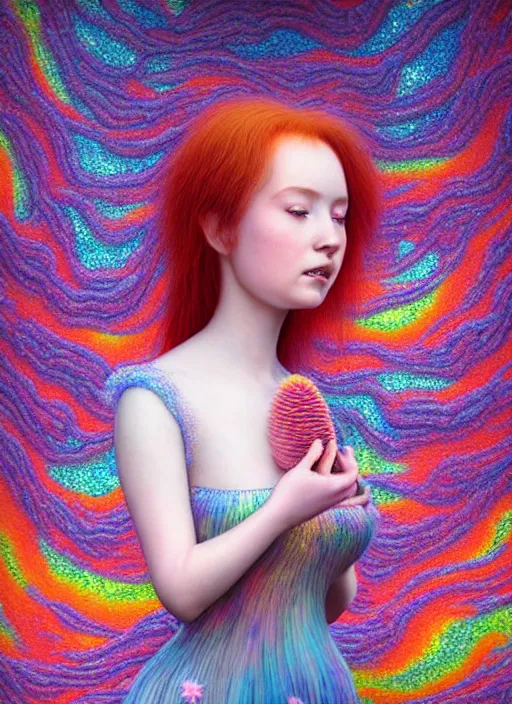 Image similar to hyper detailed 3d render like a Oil painting - kawaii standing portrait Aurora (auburn haired Singer Weaslwaif) seen Eating of the Strangling network of yellowcake aerochrome and milky Fruit and Her delicate Hands hold of gossamer polyp blossoms bring iridescent fungal flowers whose spores black the foolish stars by Jacek Yerka, Mariusz Lewandowski, Houdini algorithmic generative render, Abstract brush strokes, Masterpiece, Edward Hopper and James Gilleard, Zdzislaw Beksinski, Mark Ryden, Wolfgang Lettl, hints of Yayoi Kasuma, octane render, 8k