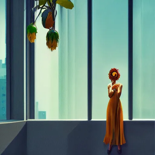 Image similar to closeup, giant flower head, woman next to modern windows, luxury apartment, surreal photography, dramatic light, impressionist painting, digital painting, artstation, james gilleard