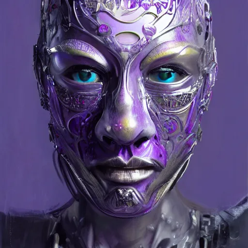 Image similar to Very very very very highly detailed epic central composition portrait of face with venetian mask, purple, intricate, dystopian, sci-fi, extremely detailed, digital painting, artstation, concept art, smooth, sharp focus, illustration, intimidating lighting, incredible art by Tokujin Yoshioka and Anton Pieck