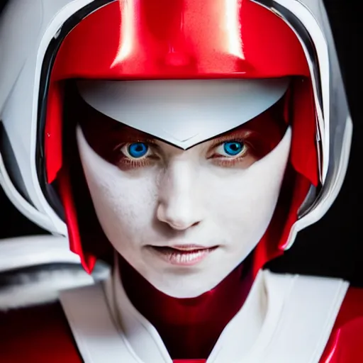 Prompt: headshot of a beautiful female soldier, no makeup, in glossy sleek white armor and a long red cape, looking up at camera, determined expression, no helmet, on the surface of mars, cinematic, sci-fi, hyperrealistic, detailed